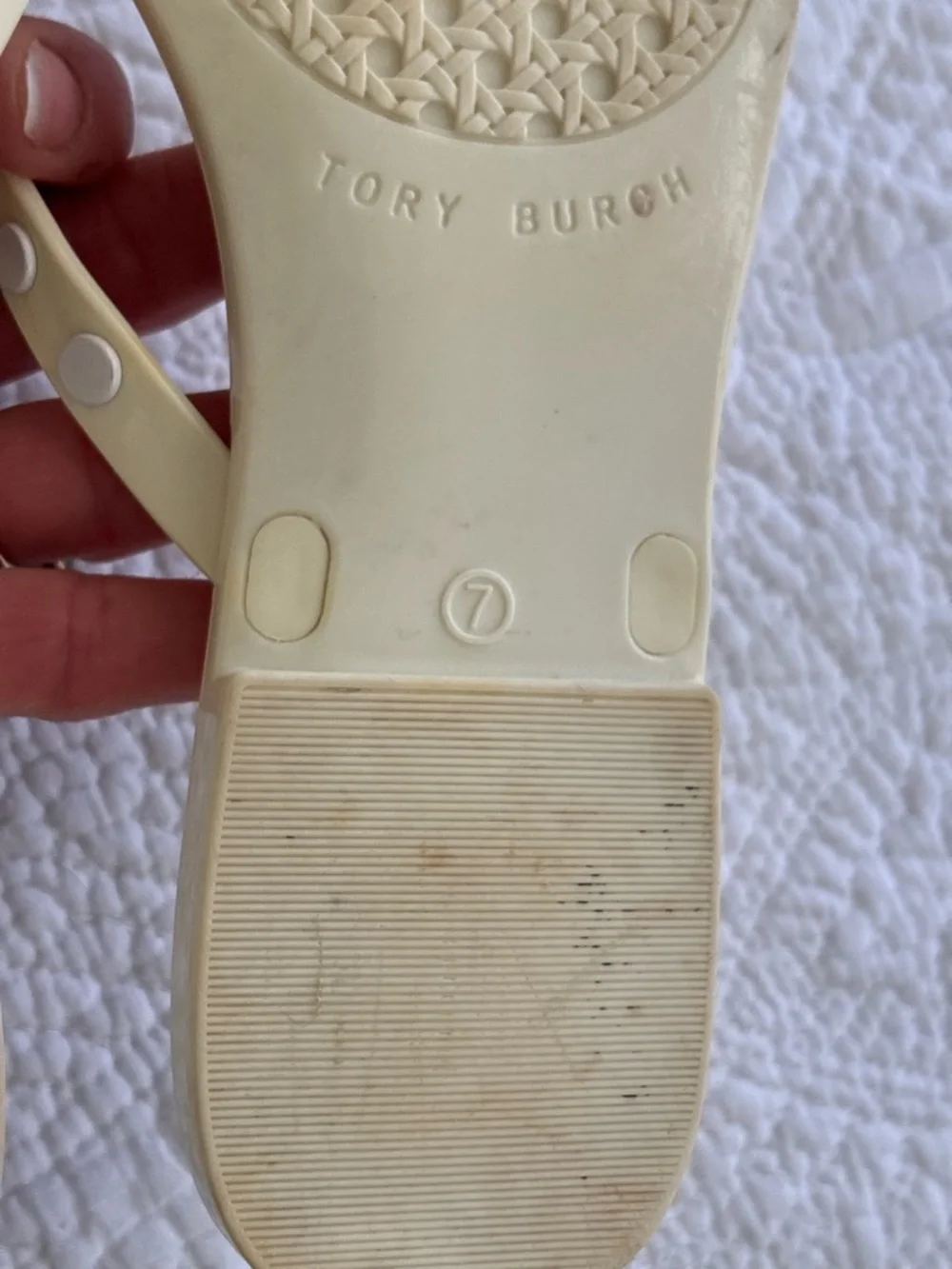 Tory Burch Ivory/pale yellow thong jelly  sandals size 7. Studded w/metal logos